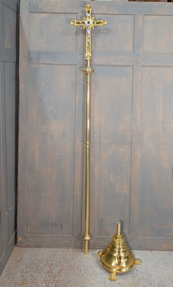 Very Tall Highly Polished Baroque Style Brass Processional Cross with Claw Foot Stand