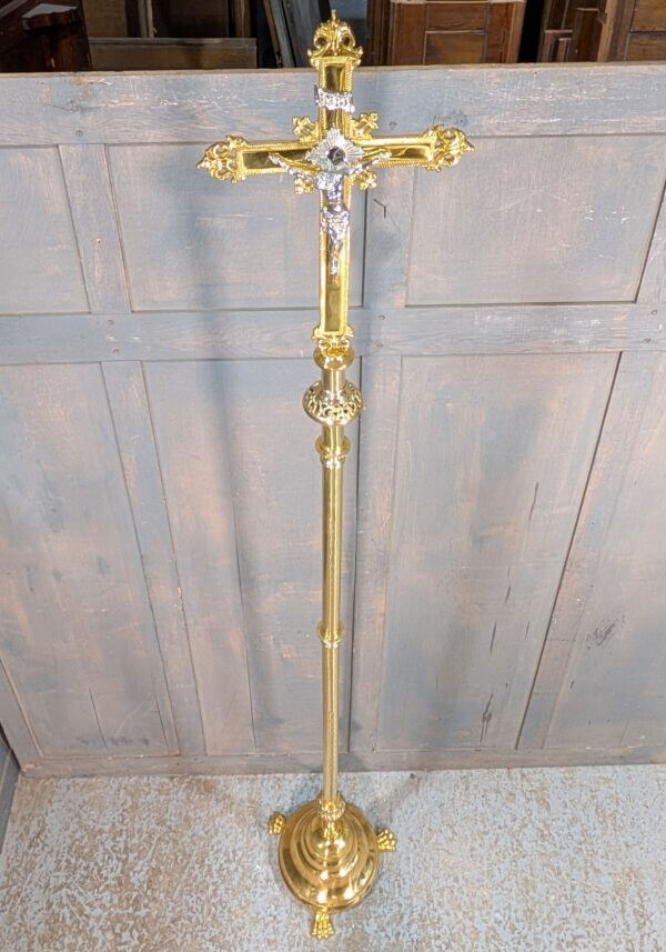 Very Tall Highly Polished Baroque Style Brass Processional Cross with Claw Foot Stand