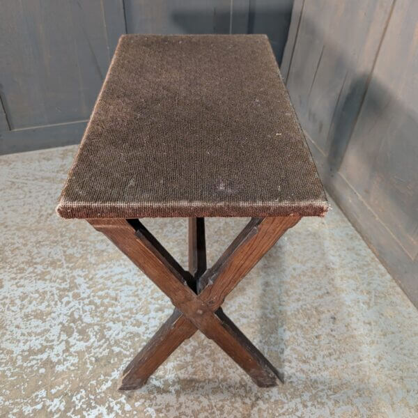 Unusual Antique Pine Carpet Topped Small X-Frame Table