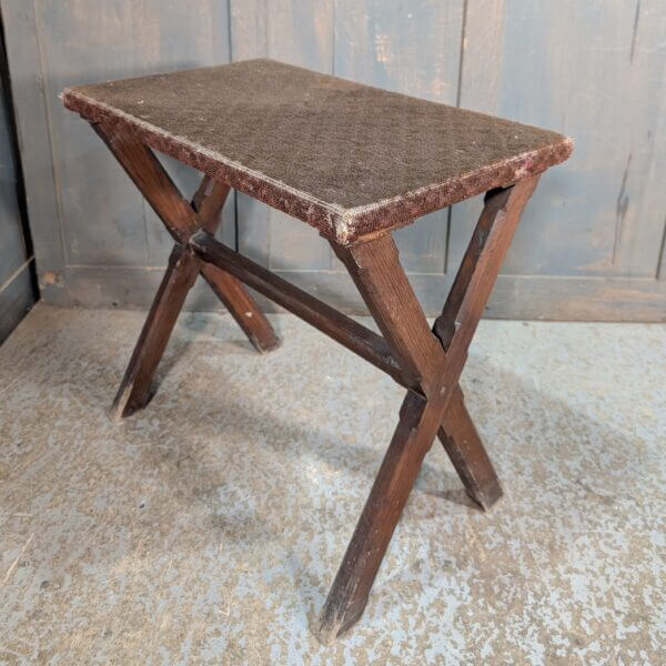 Unusual Antique Pine Carpet Topped Small X-Frame Table