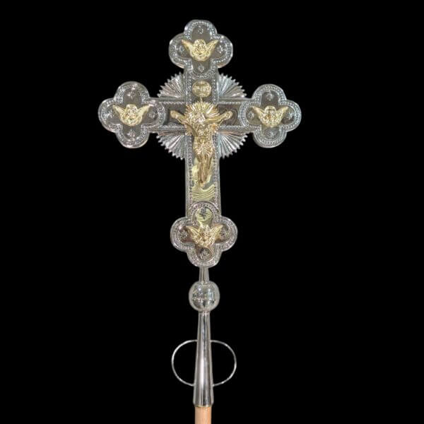 Orthodox Holy Land Silver & Gold Metal Large Processional Cross with Putti