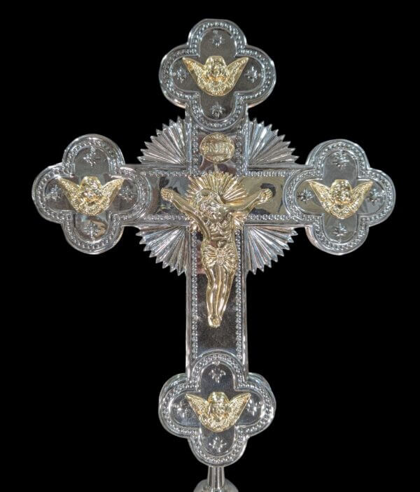 Orthodox Holy Land Silver & Gold Metal Large Processional Cross with Putti