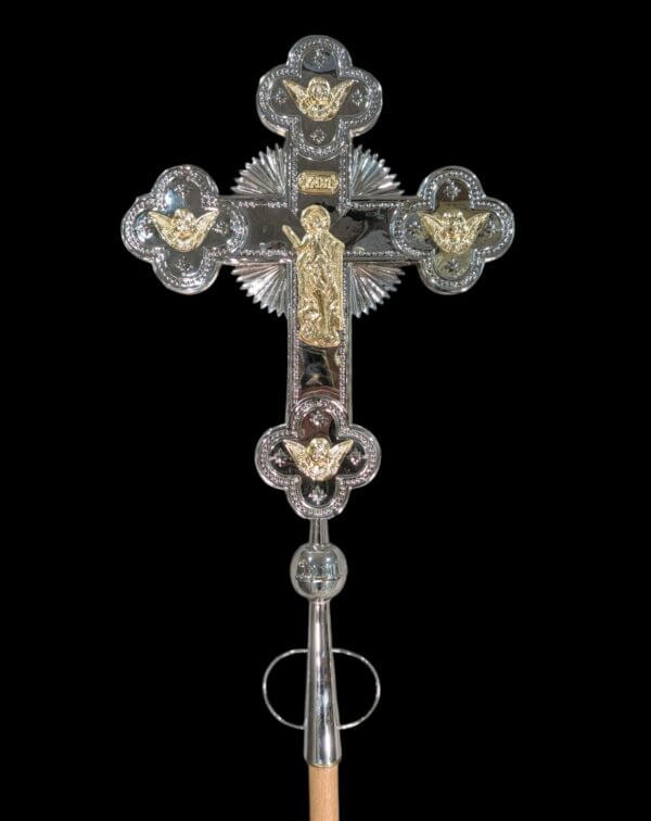 Orthodox Holy Land Silver & Gold Metal Large Processional Cross with Putti