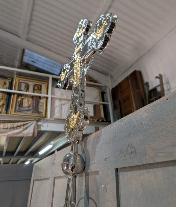 Orthodox Holy Land Silver & Gold Metal Large Processional Cross with Putti