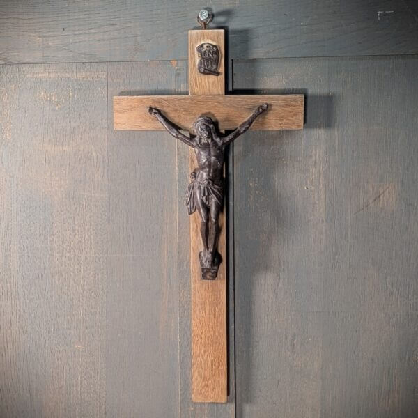 Heavy Medium Size Oak & Metal Pulpit Crucifix from St Giles Darlton
