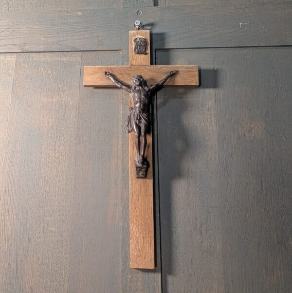 Heavy Medium Size Oak & Metal Pulpit Crucifix from St Giles Darlton