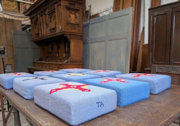 Set of Nine Church Kneelers Hassocks Cushions with Decorative Cross Designs