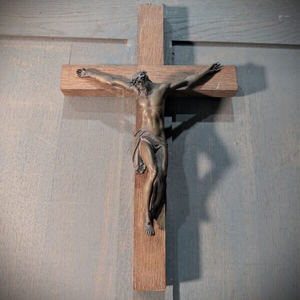 Early 1900's Extremely Heavy Bronze & Oak Medium Size Wall Crucifix
