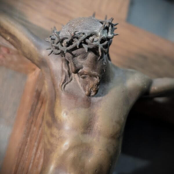Early 1900's Extremely Heavy Bronze & Oak Medium Size Wall Crucifix