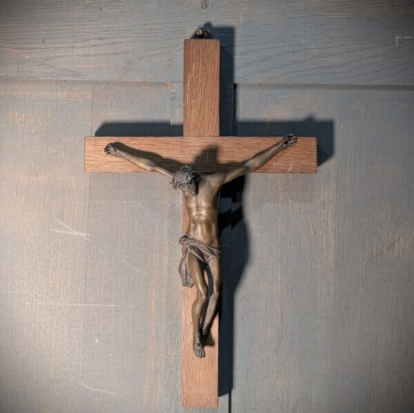 Early 1900's Extremely Heavy Bronze & Oak Medium Size Wall Crucifix