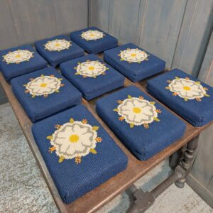 Set of Nine Hand Made Church Kneelers Hassocks Cushions with White English Rose on Blue Background