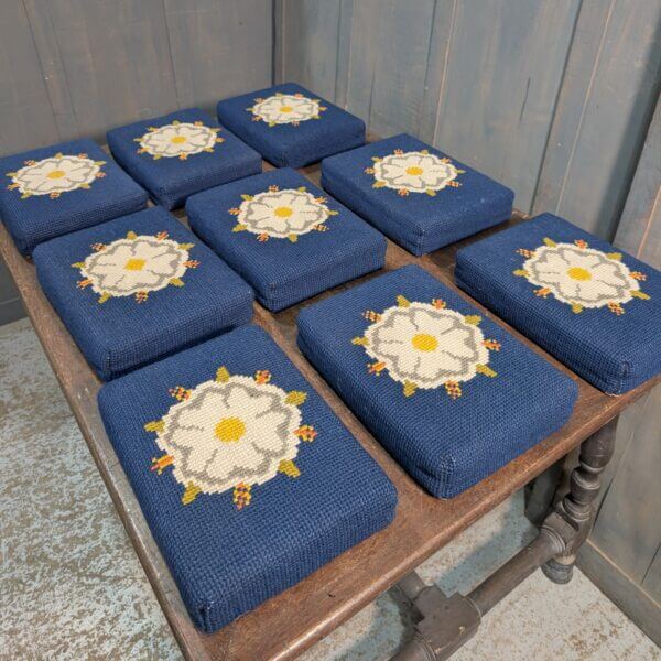 Set of Nine Hand Made Church Kneelers Hassocks Cushions with White English Rose on Blue Background