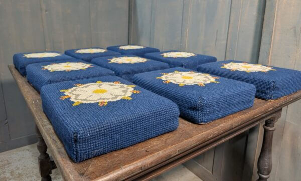 Set of Nine Hand Made Church Kneelers Hassocks Cushions with White English Rose on Blue Background