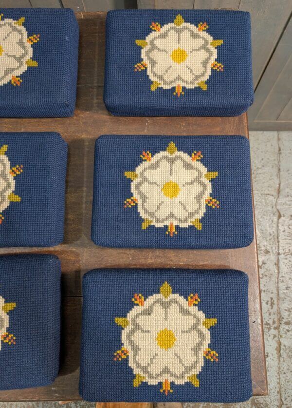 Set of Nine Hand Made Church Kneelers Hassocks Cushions with White English Rose on Blue Background