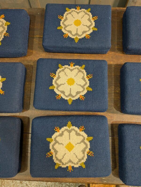 Set of Nine Hand Made Church Kneelers Hassocks Cushions with White English Rose on Blue Background