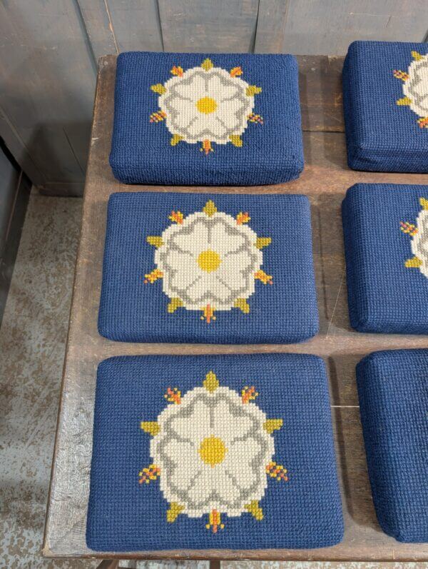 Set of Nine Hand Made Church Kneelers Hassocks Cushions with White English Rose on Blue Background