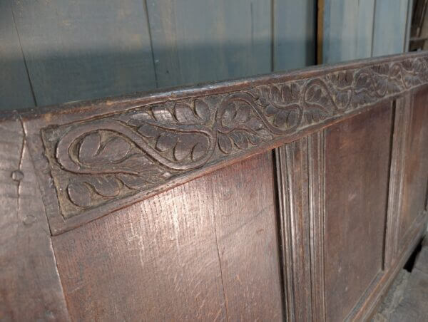 Early 17th Century Oak Panel Back Settle with Carving
