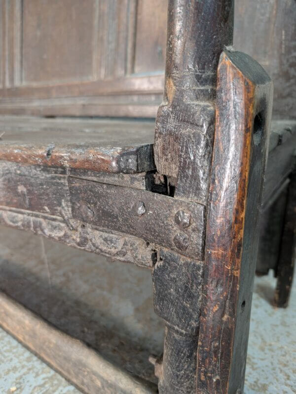 Early 17th Century Oak Panel Back Settle with Carving