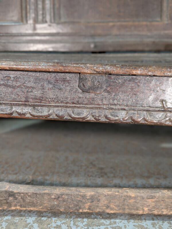 Early 17th Century Oak Panel Back Settle with Carving