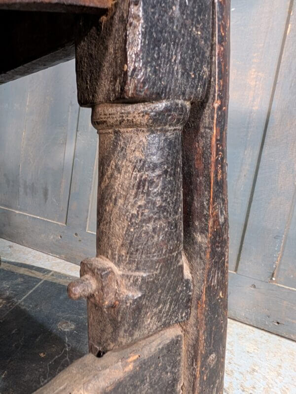 Early 17th Century Oak Panel Back Settle with Carving