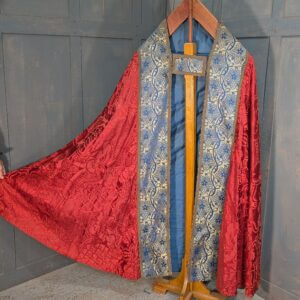 Vintage Well Worn Cope Old Blood Red Damask Silk with Broad Gold/Blue Orphreys