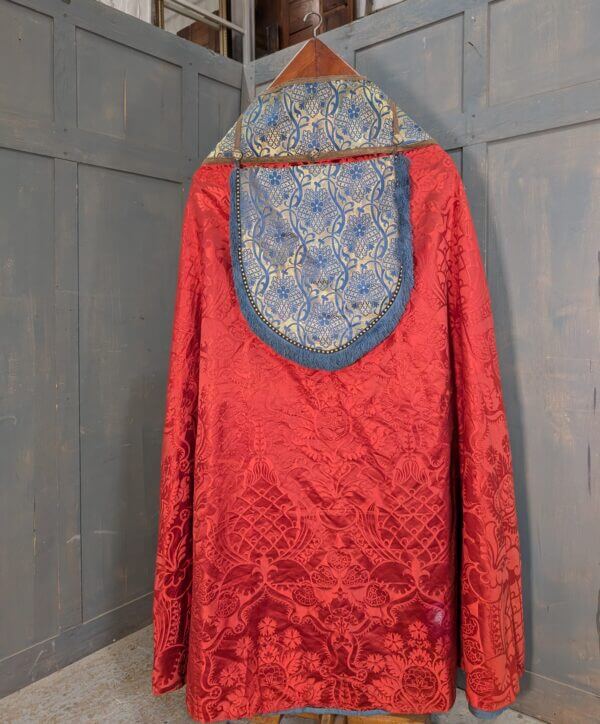 Vintage Well Worn Cope Old Blood Red Damask Silk with Broad Gold/Blue Orphreys