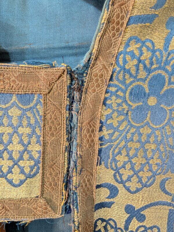 Vintage Well Worn Cope Old Blood Red Damask Silk with Broad Gold/Blue Orphreys