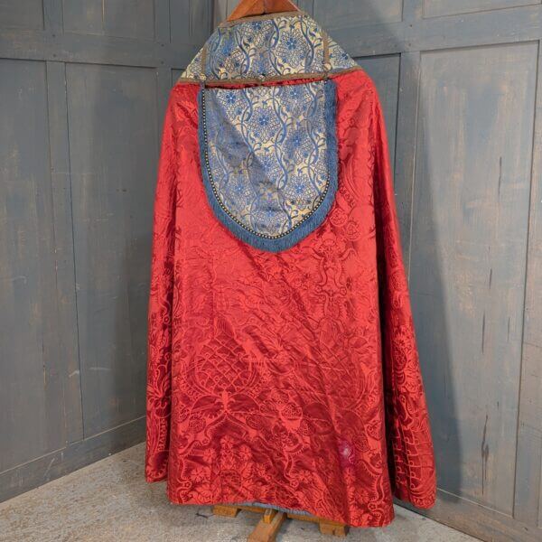 Vintage Well Worn Cope Old Blood Red Damask Silk with Broad Gold/Blue Orphreys