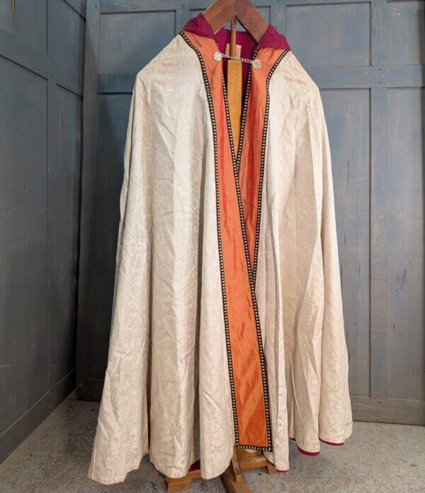 1950's Vintage Oatmeal Damask Silk with Iridescent Orange Silk Orphreys