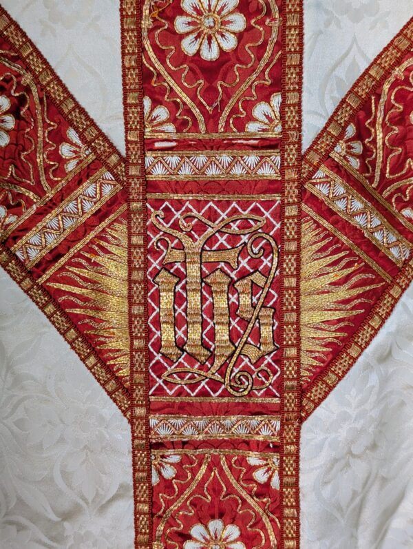 Very Fine Dark Cream Damask Silk with Ornate Gold Embroidered Orphreys - Needs Repair