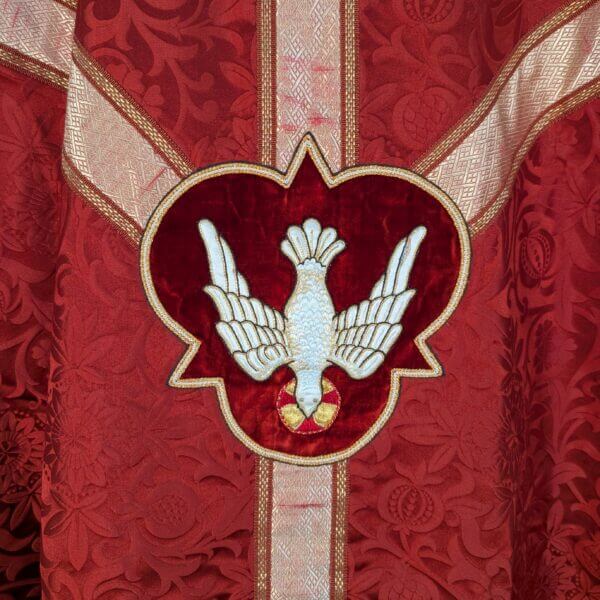 Vintage Carmine Damask Silk 'Dove of Peace' Chasuble with Stole - Project -