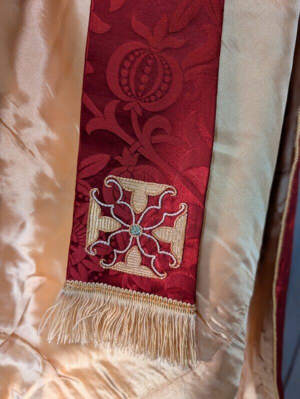 Vintage Carmine Damask Silk 'Dove of Peace' Chasuble with Stole - Project -