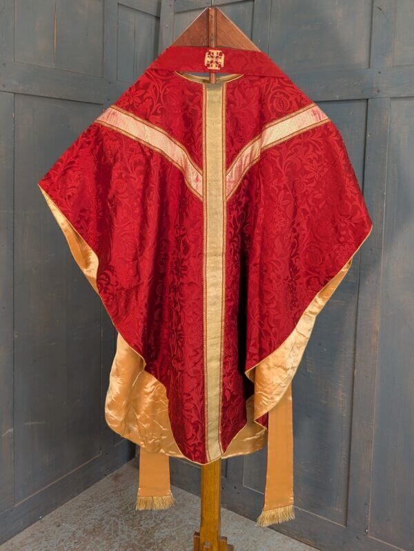 Vintage Carmine Damask Silk 'Dove of Peace' Chasuble with Stole - Project -