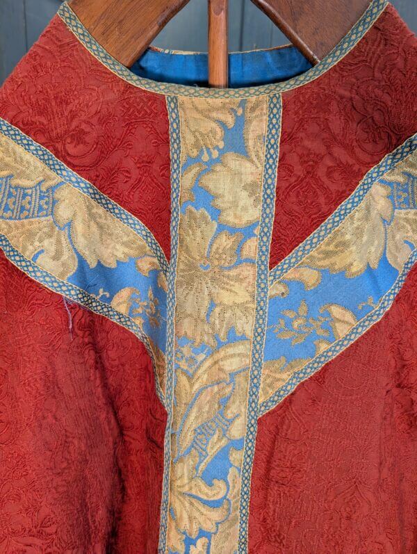 Unusual Vintage Terracotta Cotton Brocade Chasuble with Blue Gold Orphreys