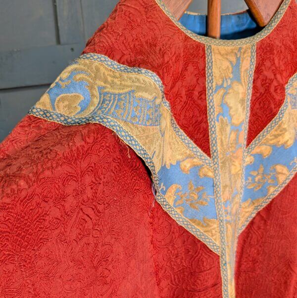 Unusual Vintage Terracotta Cotton Brocade Chasuble with Blue Gold Orphreys