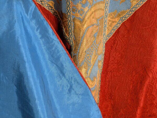 Unusual Vintage Terracotta Cotton Brocade Chasuble with Blue Gold Orphreys