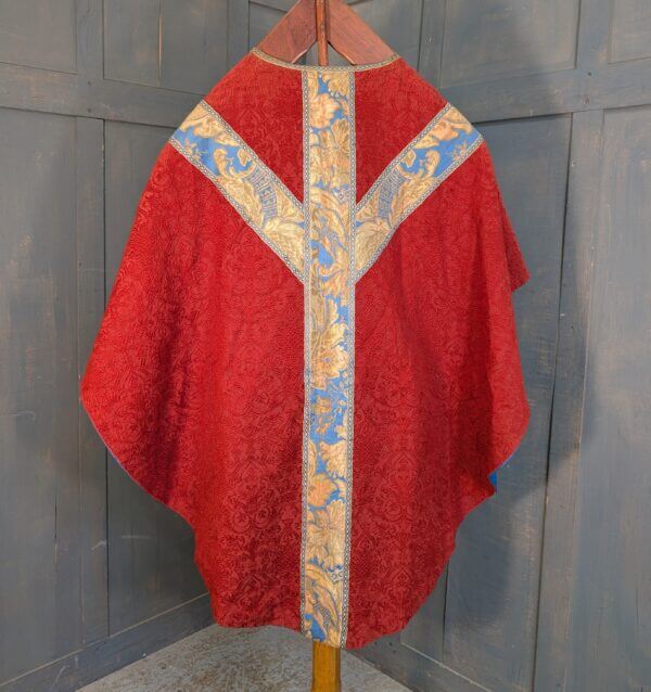 Unusual Vintage Terracotta Cotton Brocade Chasuble with Blue Gold Orphreys