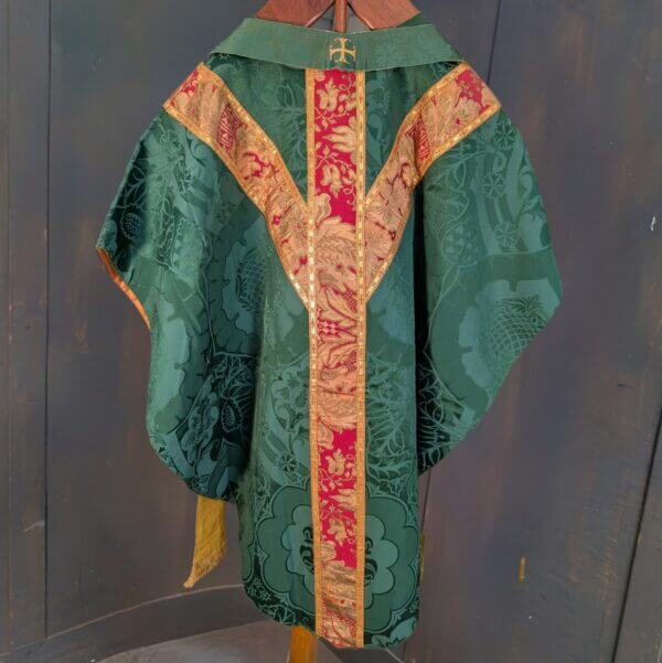 Vintage Nephrite Green Damask Silk Chasuble with Red Gold Orphreys