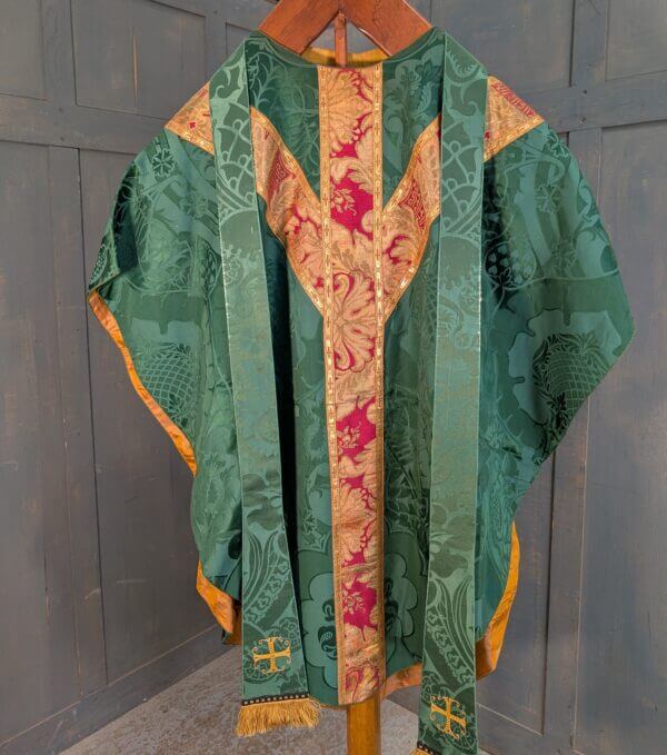 Vintage Nephrite Green Damask Silk Chasuble with Red Gold Orphreys