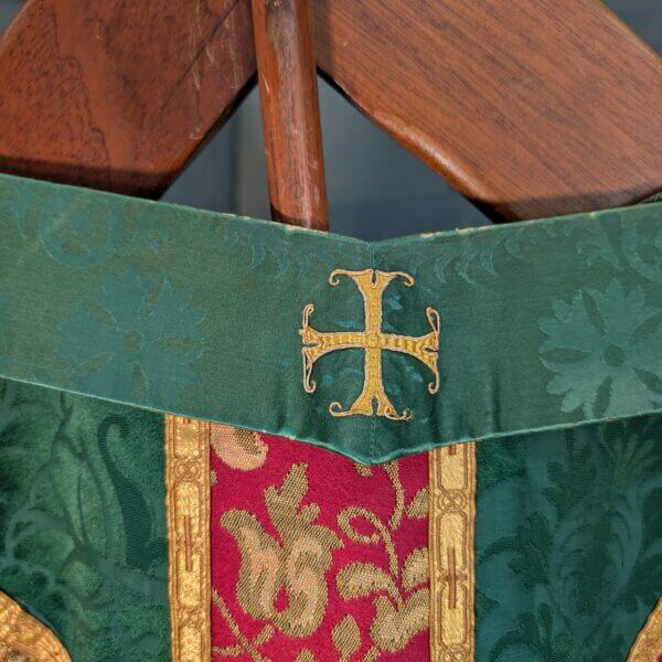 Vintage Nephrite Green Damask Silk Chasuble with Red Gold Orphreys