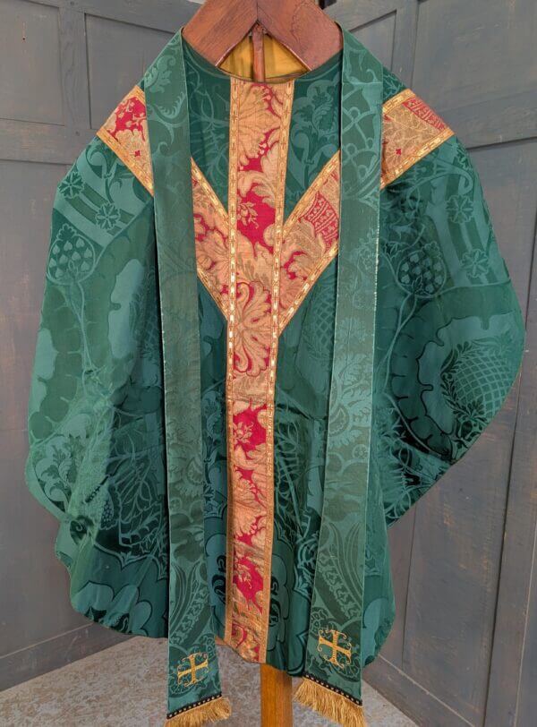 Vintage Nephrite Green Damask Silk Chasuble with Red Gold Orphreys