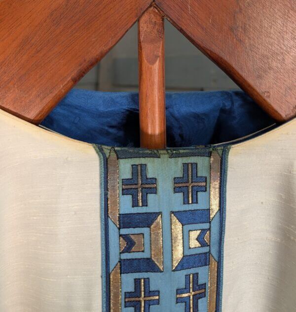 1990's Vintage White Slub Extra Large Chasuble with Blue Gold Orphrey & Stole