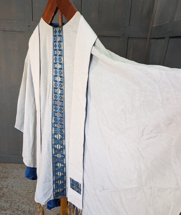 1990's Vintage White Slub Extra Large Chasuble with Blue Gold Orphrey & Stole