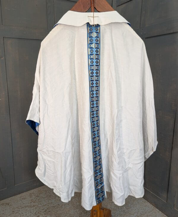 1990's Vintage White Slub Extra Large Chasuble with Blue Gold Orphrey & Stole