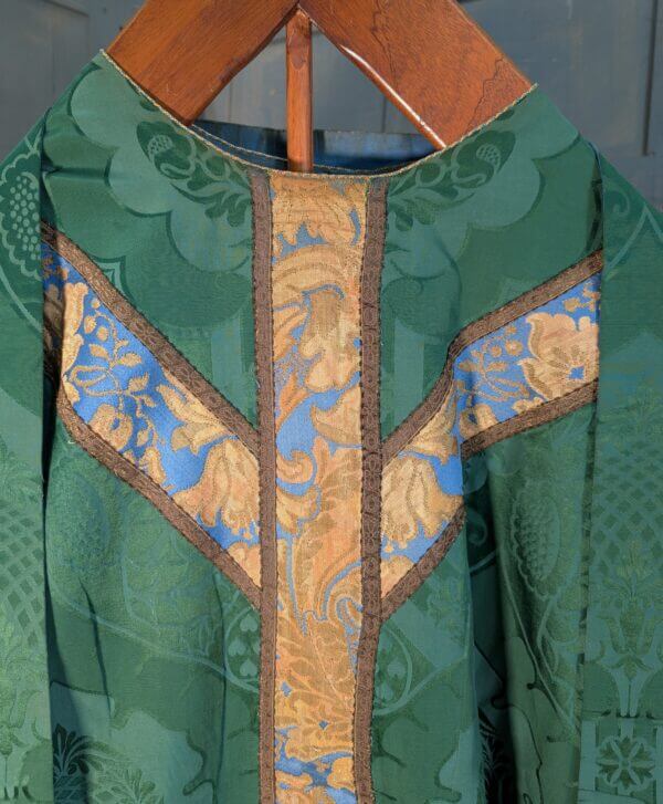 Vintage Nephrite Green Damask Silk Chasuble with Blue Gold Orphreys