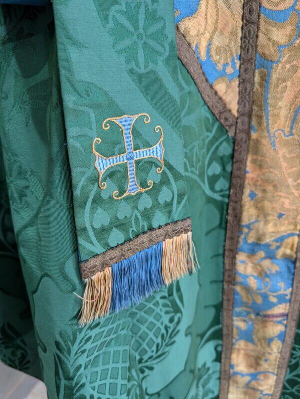Vintage Nephrite Green Damask Silk Chasuble with Blue Gold Orphreys