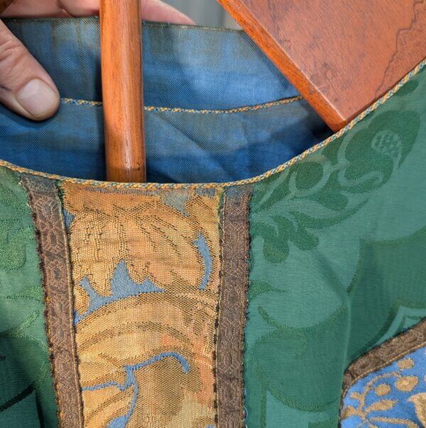Vintage Nephrite Green Damask Silk Chasuble with Blue Gold Orphreys