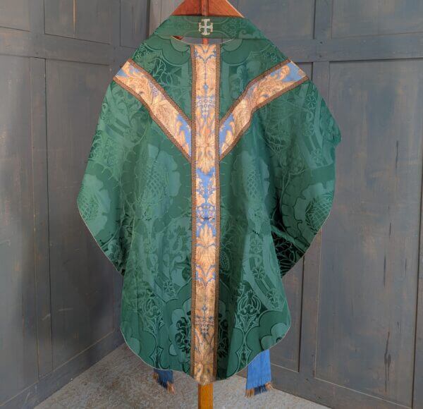Vintage Nephrite Green Damask Silk Chasuble with Blue Gold Orphreys