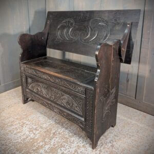 Small Early 1900's Carved Oak Monks Bench- No Plywood -