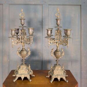 Pair of Crudely Cast Rococo Style Brevettato Brass Table Candelabras